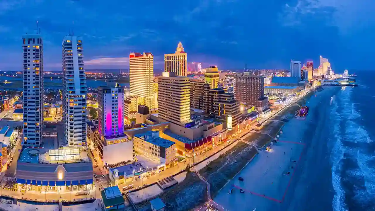 Atlantic City boardwalk and casino skyline at night